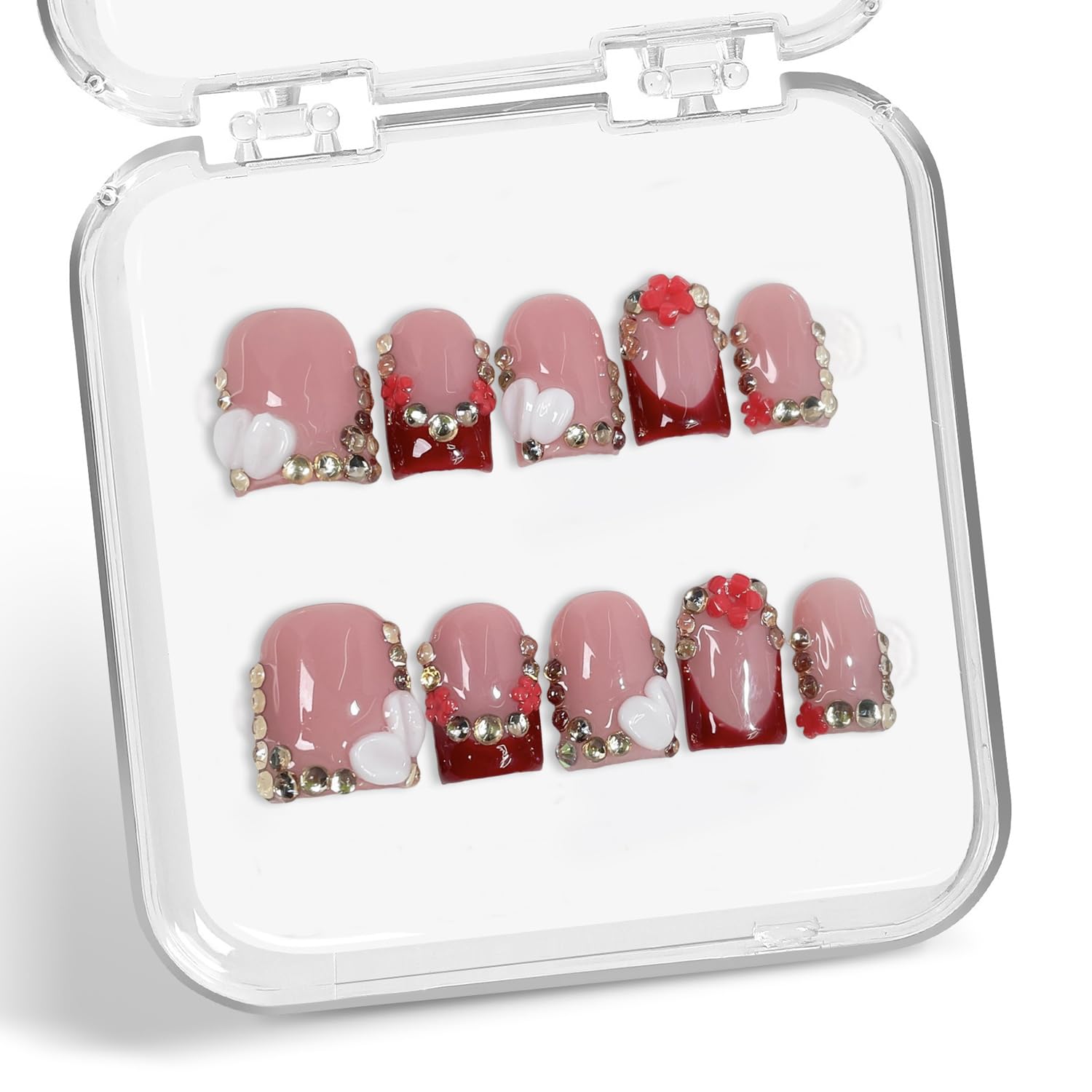 Handmade Red French Tip Press-On Nails – 3D Flower & Rhinestones, Short Square (M)