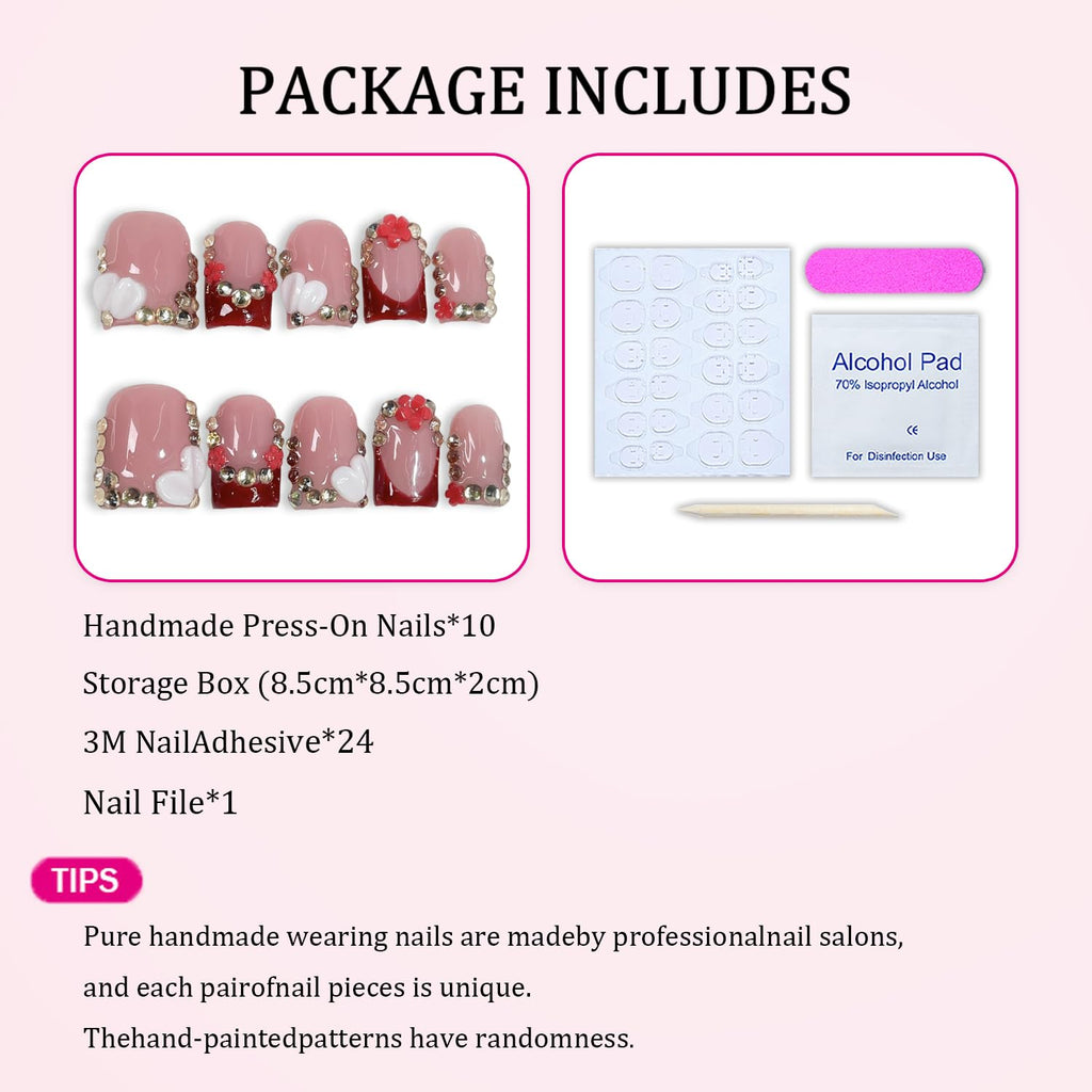 Handmade Red French Tip Press-On Nails – 3D Flower & Rhinestones, Short Square (M)