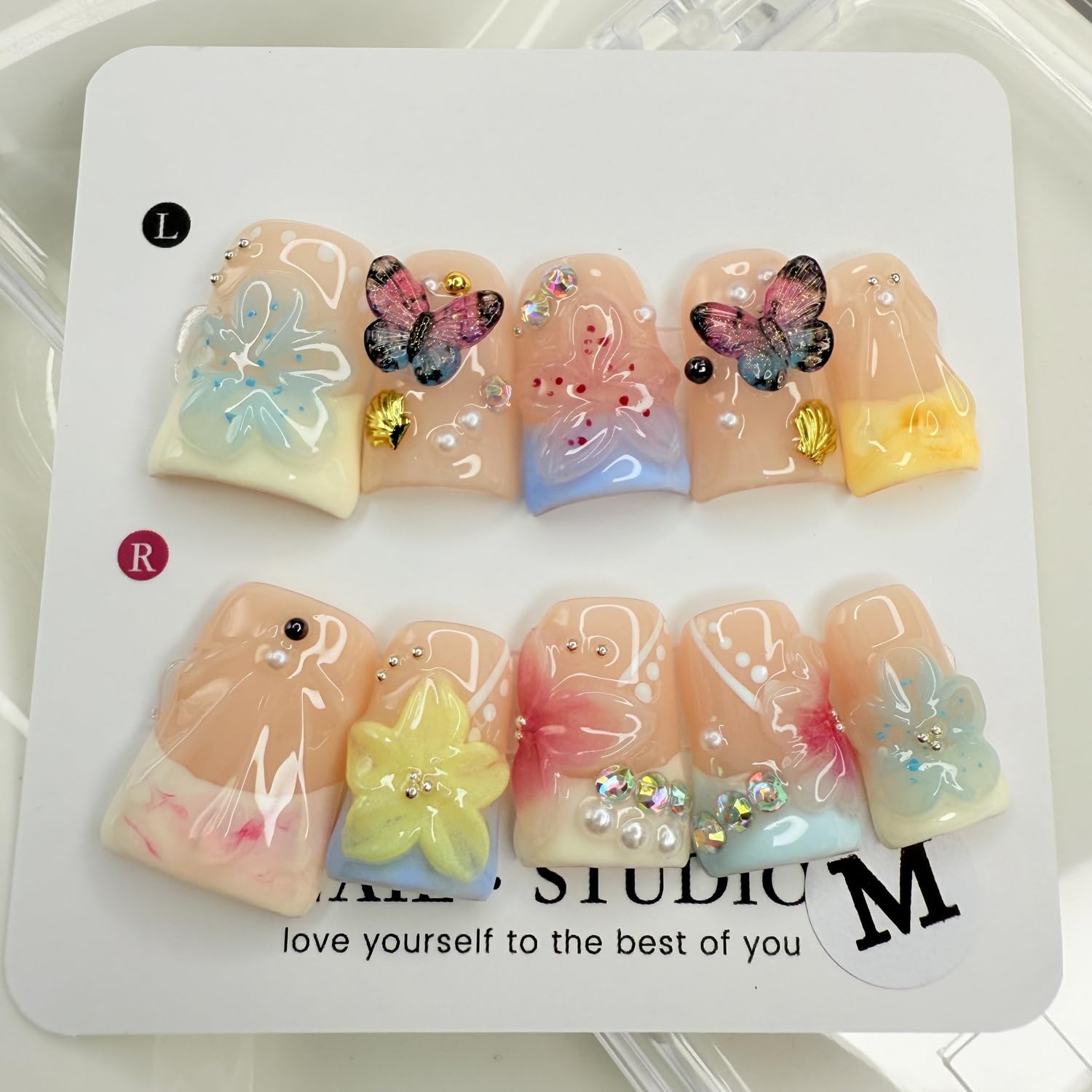 Butterfly & Flower Duck-Shaped Press-On Nails – Short Pearl Colorful Acrylic, Full Cover, Reusable | Size S