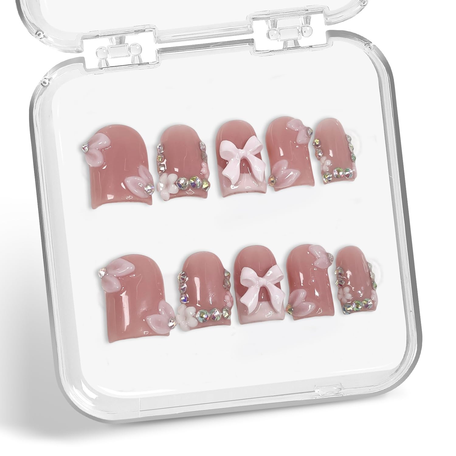 10 Pcs Handmade Press-On Nails — Short Square with 3D Bow & Rhinestones, Pink French Tip