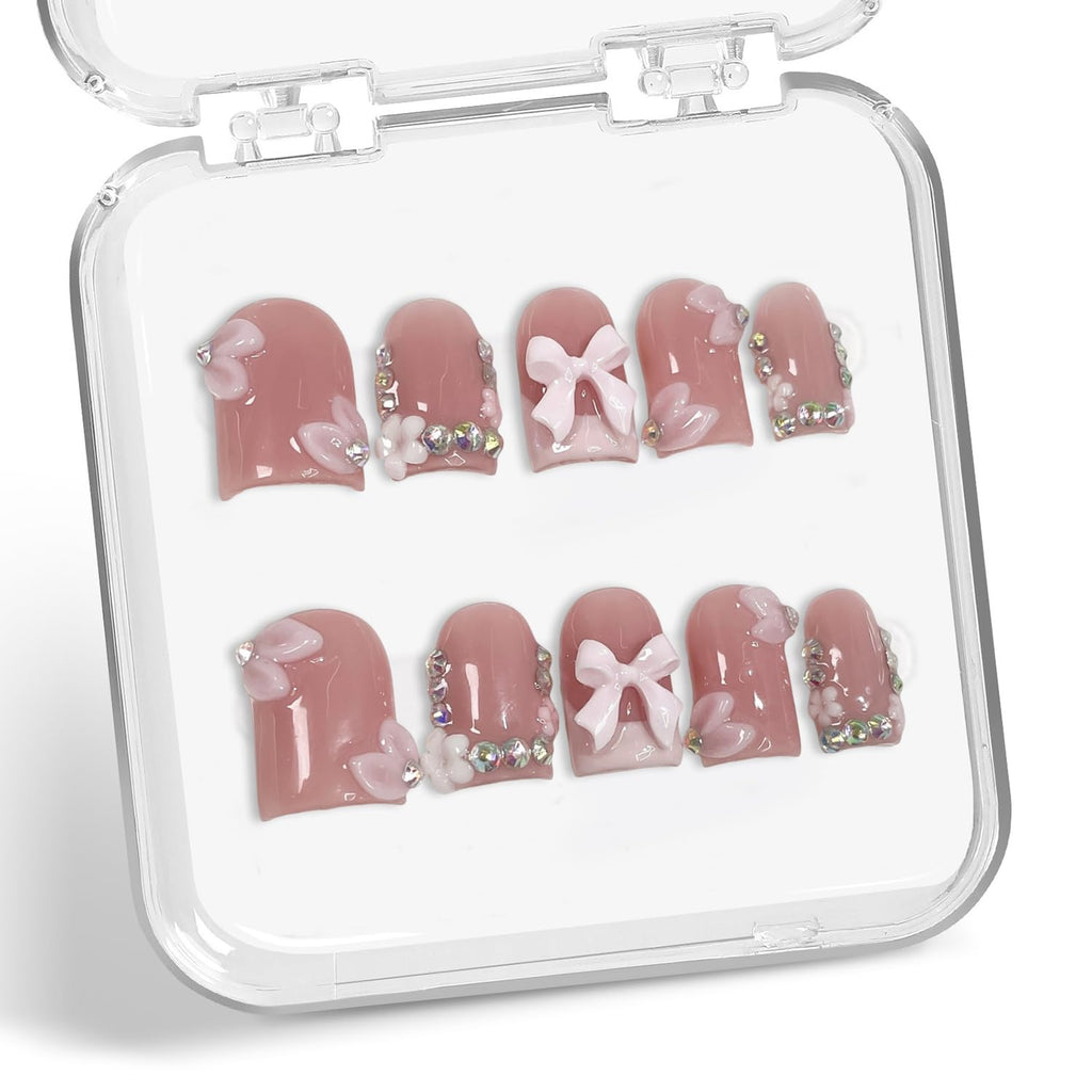 10 Pcs Handmade Press On Nails – Short Square with 3D Bow, Flower & Rhinestone, Pink French Tip