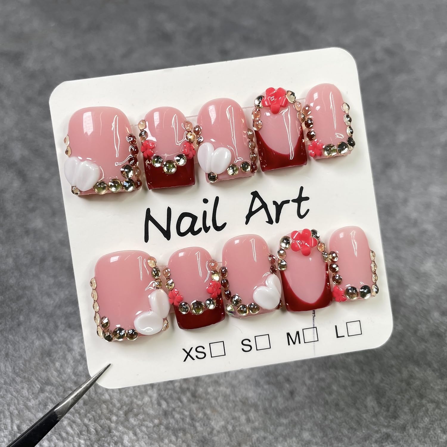 Handmade Press-On Nails - Red French Tip Short Square with 3D Flowers & Rhinestones