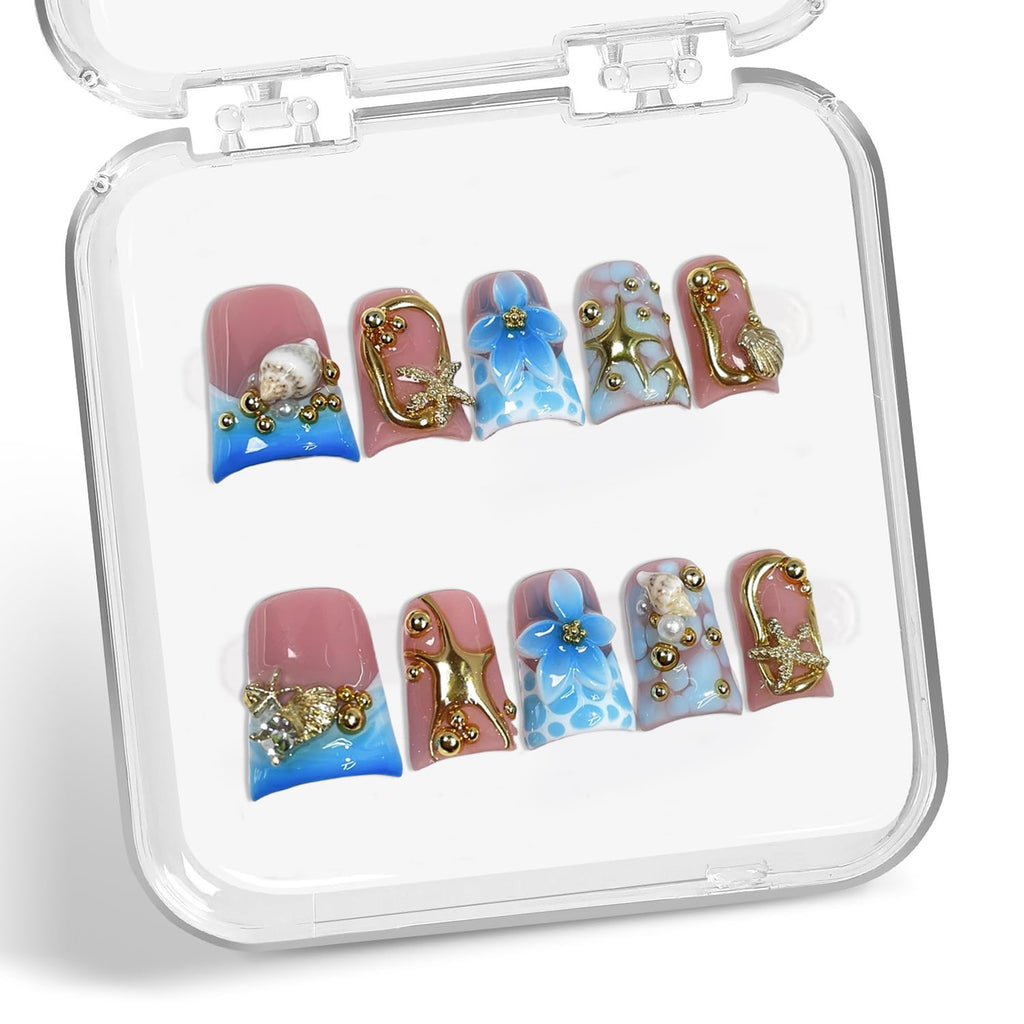 Handmade Press-On Nails – 3D Golden Starfish & Shell, Blue Flower Embossed (S)