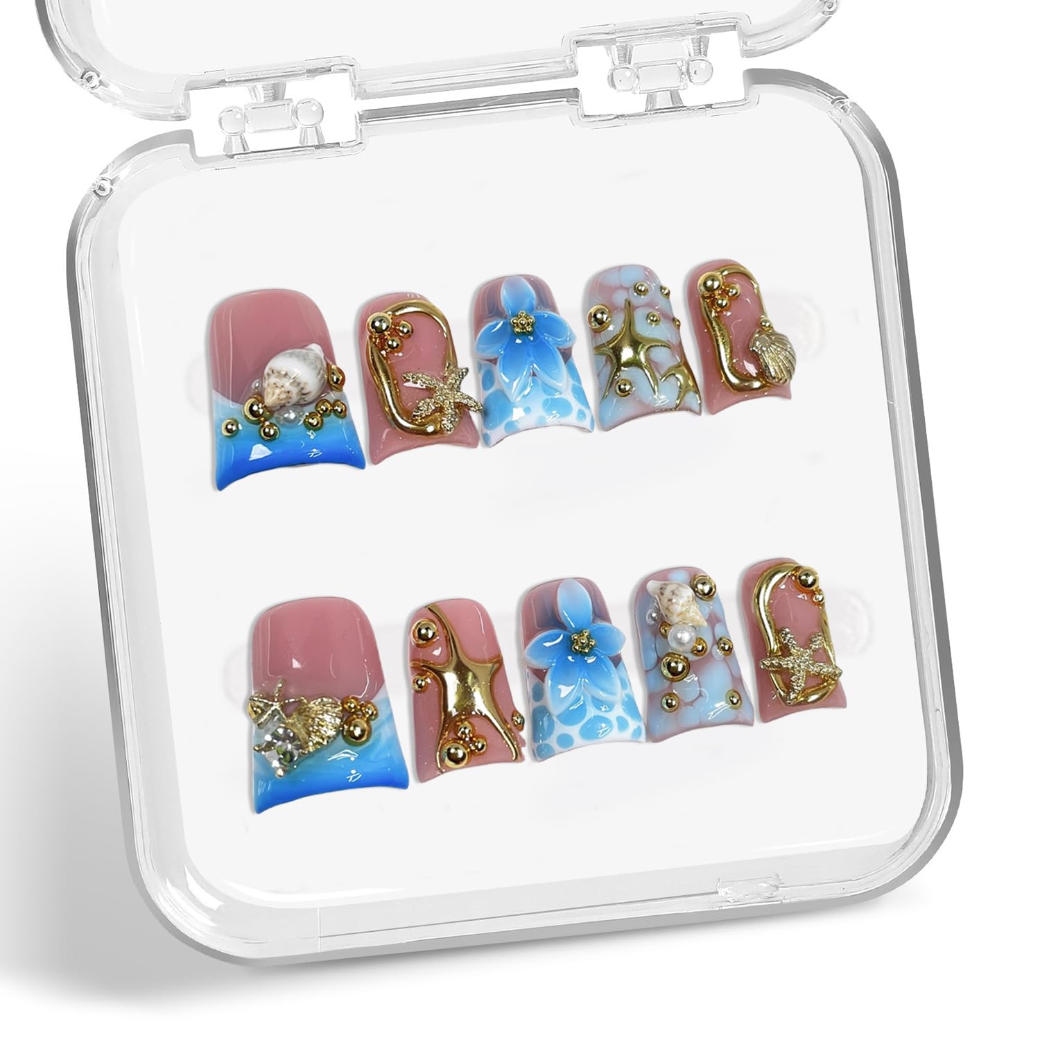 Handmade Press-On Nails – 3D Golden Starfish & Shell, Blue Flower Embossed (S)