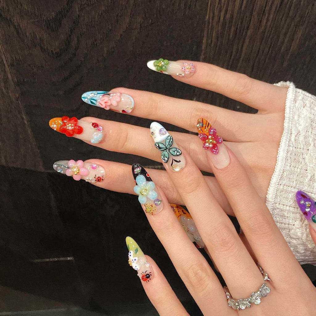 Handmade Flower Press On Nails - Medium Almond with Rhinestones | Glossy Acrylic, Reusable