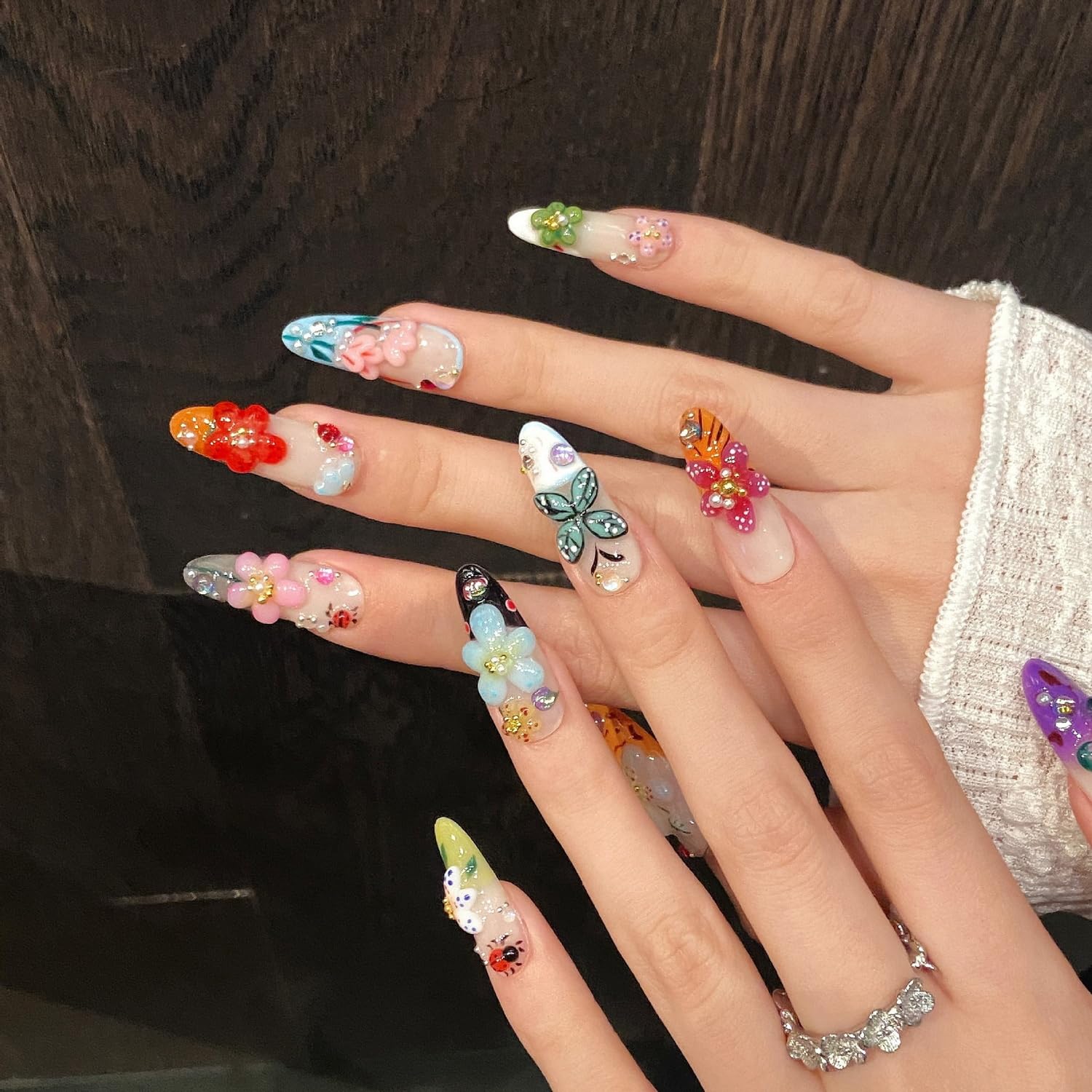Handmade Flower Press On Nails - Medium Almond with Rhinestones | Glossy Acrylic, Reusable