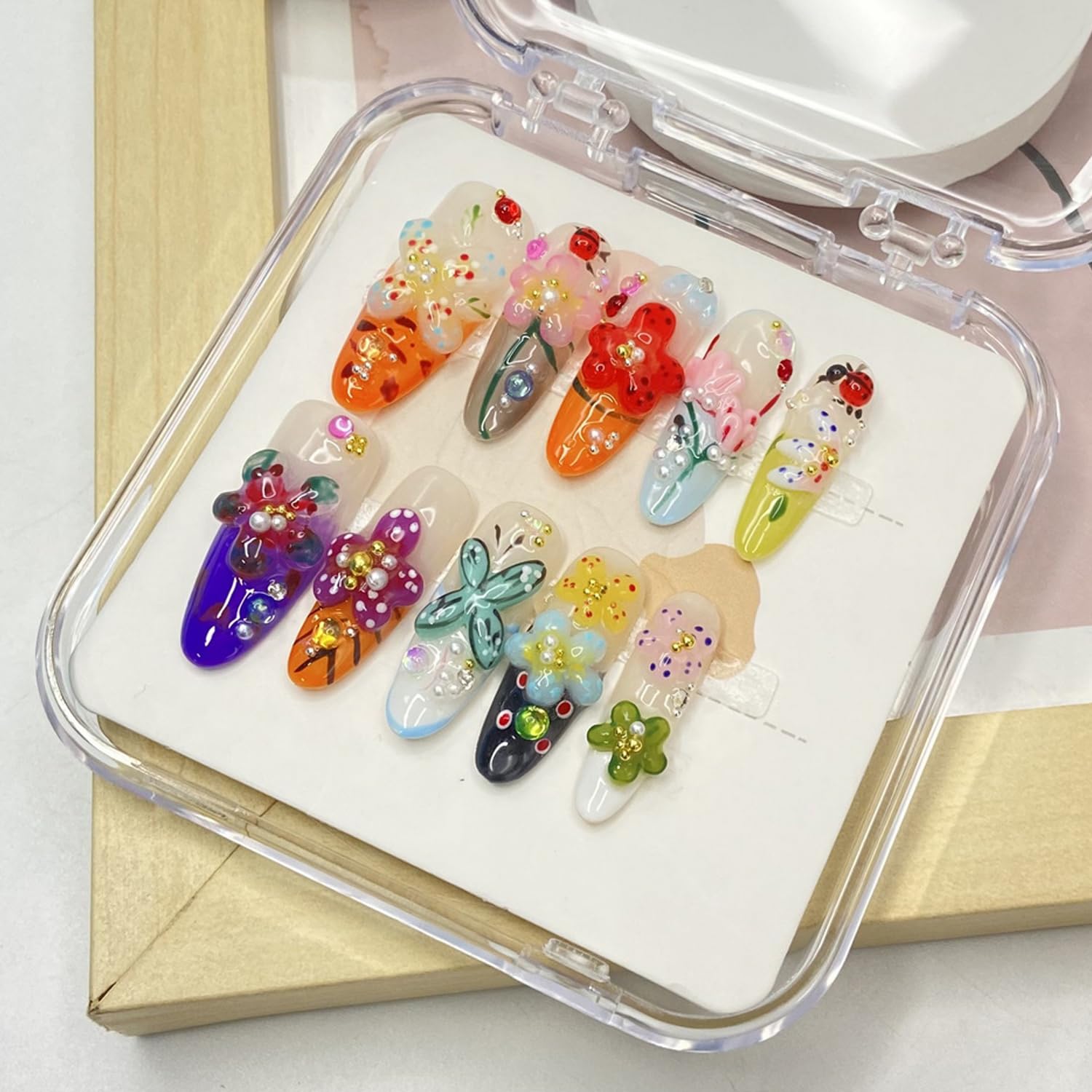Handmade Flower Press On Nails - Medium Almond with Rhinestones | Glossy Acrylic, Reusable