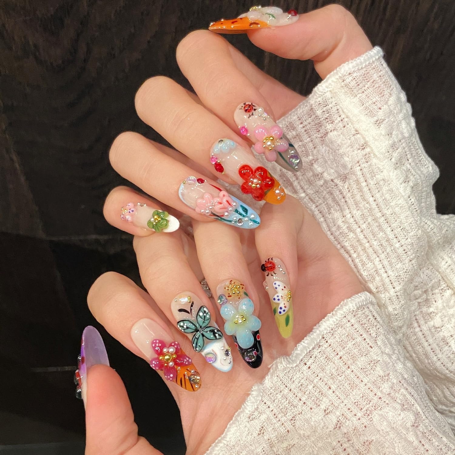 Handmade Flower Press On Nails - Medium Almond with Rhinestones | Glossy Acrylic, Reusable