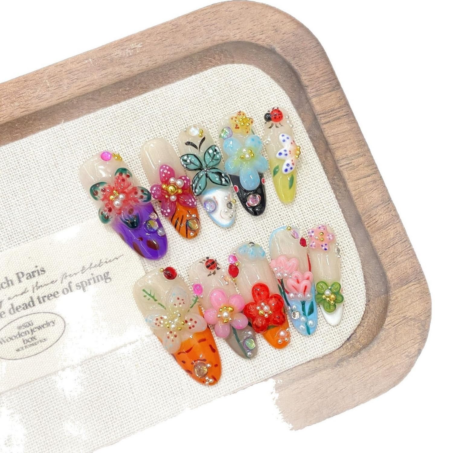 Handmade Flower Press On Nails - Medium Almond with Rhinestones | Glossy Acrylic, Reusable