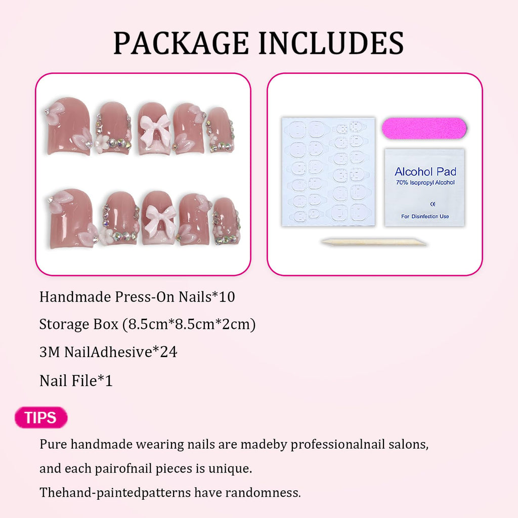 10 Pcs Handmade Press On Nails – Short Square with 3D Bow, Flower & Rhinestone, Pink French Tip