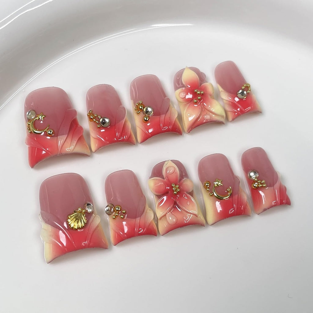Handmade Press on Nails – Short Duck Nails with 3D Flower Art, Moon & Shell Design