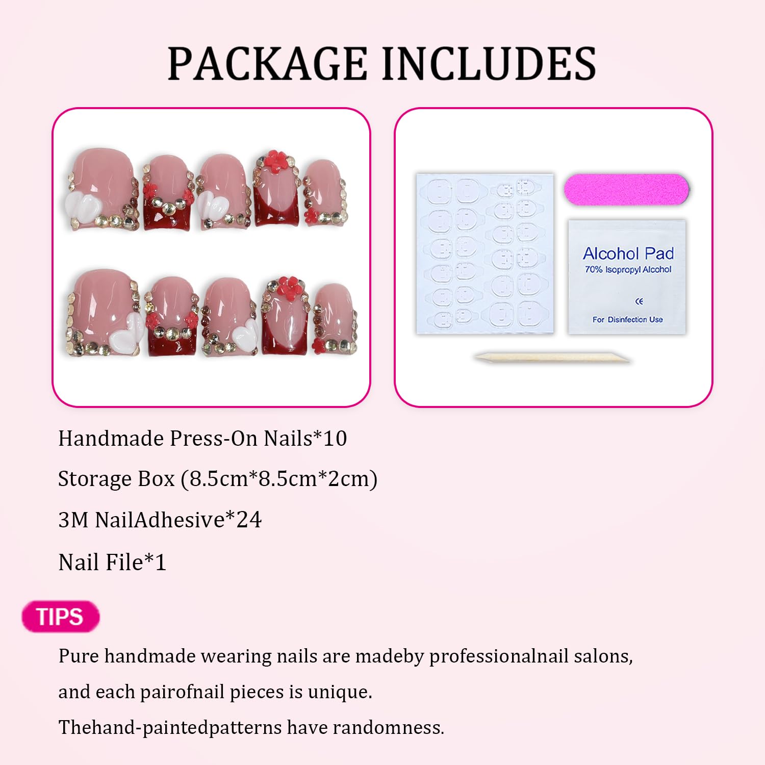 Handmade Press-On Nails - Red French Tip Short Square with 3D Flowers & Rhinestones