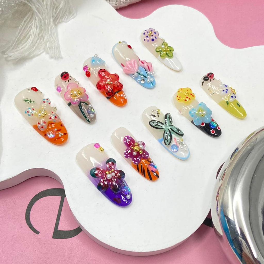Handmade Flower Press On Nails - Medium Almond with Rhinestones | Glossy Acrylic, Reusable