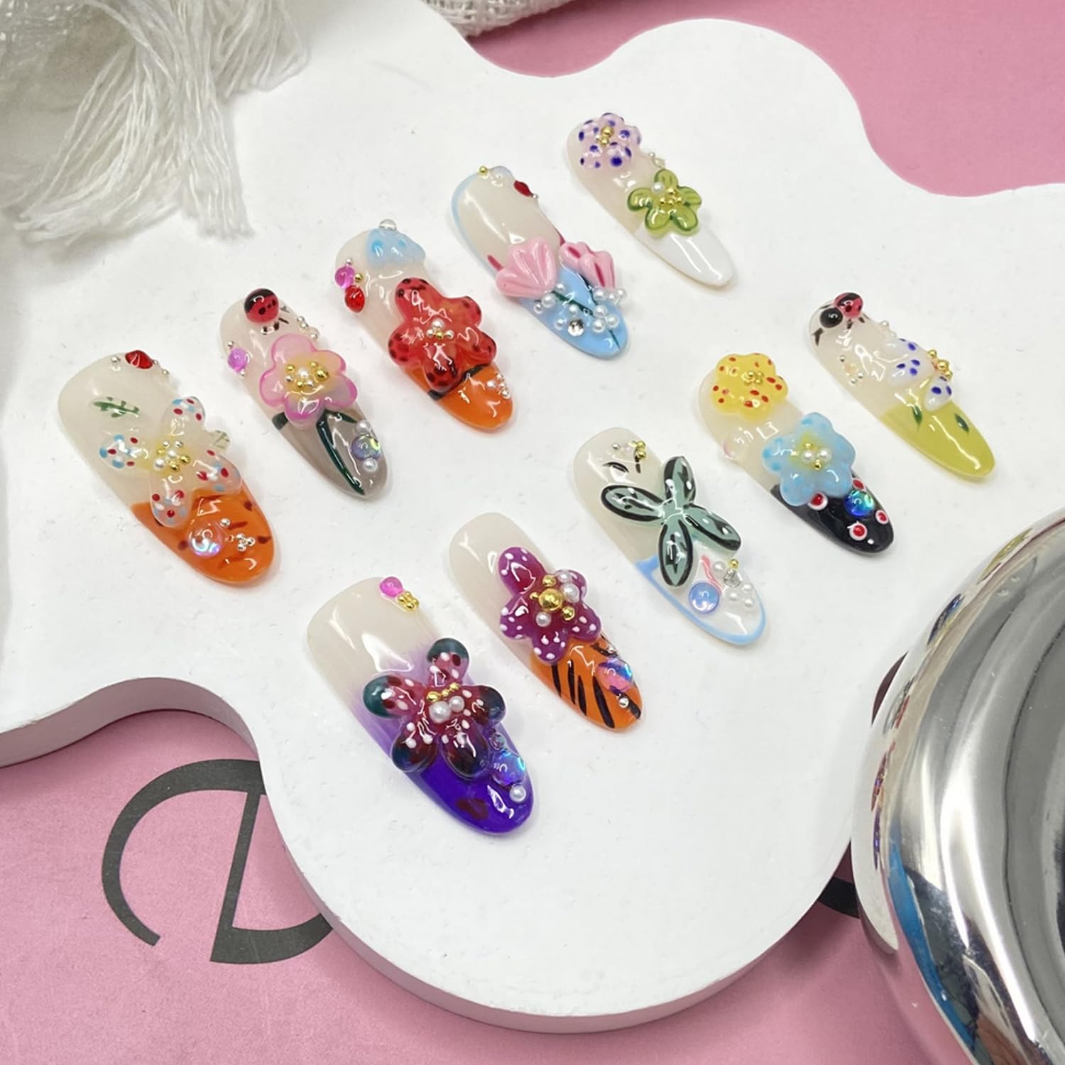 Handmade Flower Press On Nails - Medium Almond with Rhinestones | Glossy Acrylic, Reusable