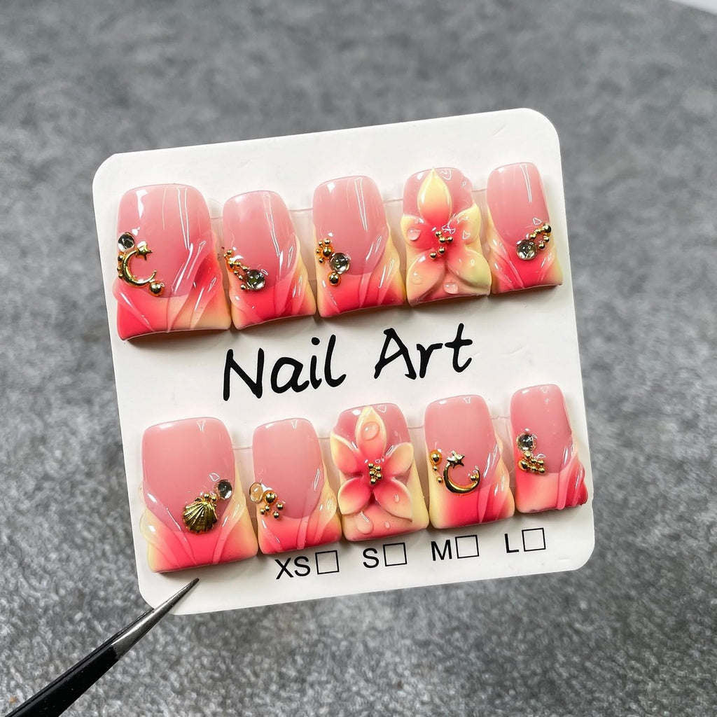 Handmade Press on Nails – Short Duck Nails with 3D Flower Art, Moon & Shell Design