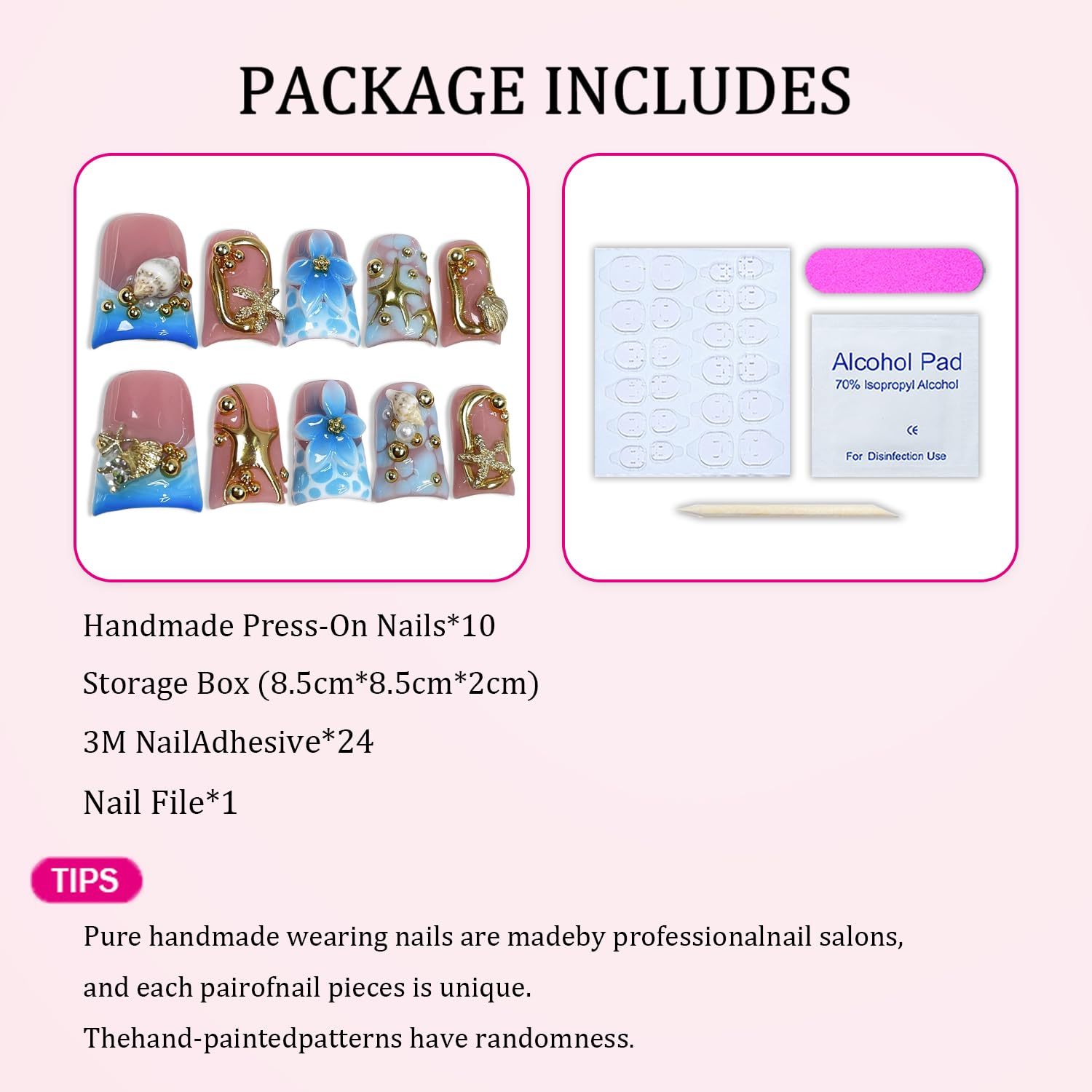 Handmade Press-On Nails – 3D Golden Starfish & Shell, Blue Flower Embossed (S)