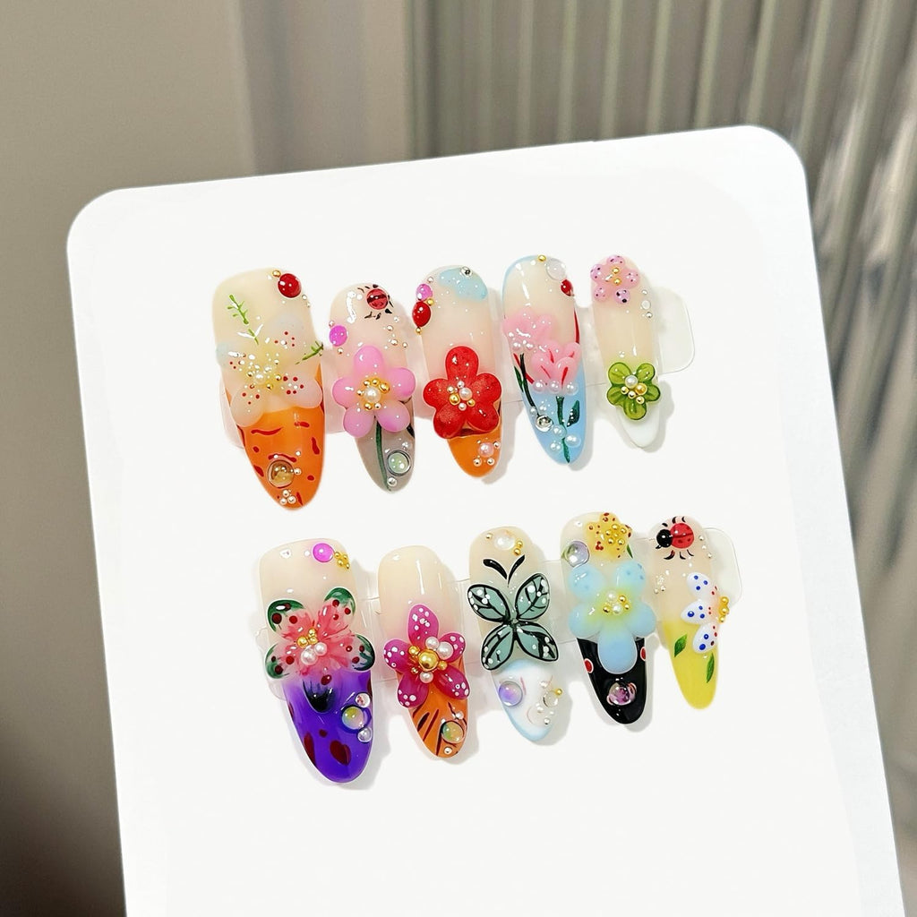 Handmade Flower Press On Nails - Medium Almond with Rhinestones | Glossy Acrylic, Reusable