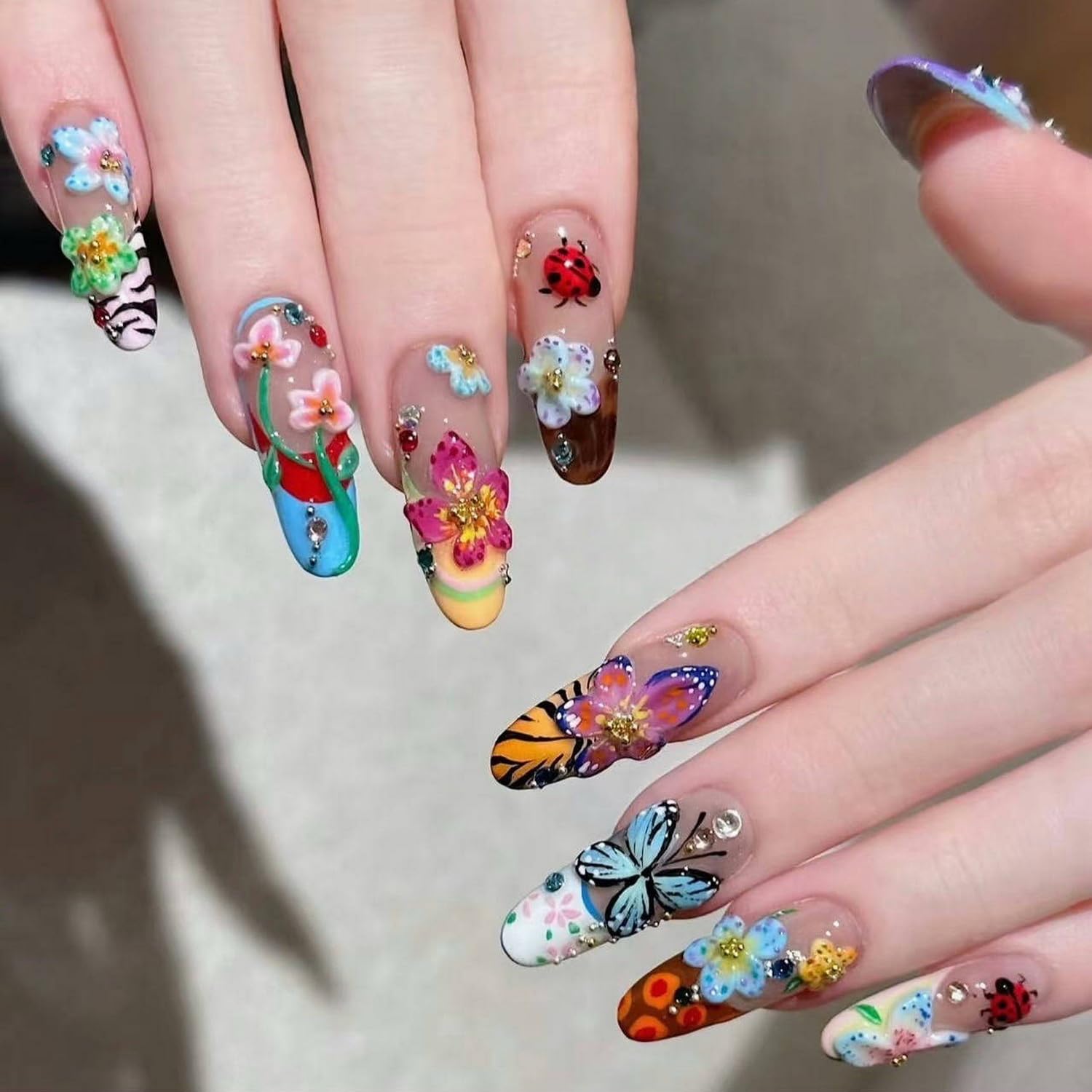 Handmade Flower Press On Nails - Medium Almond with Rhinestones | Glossy Acrylic, Reusable