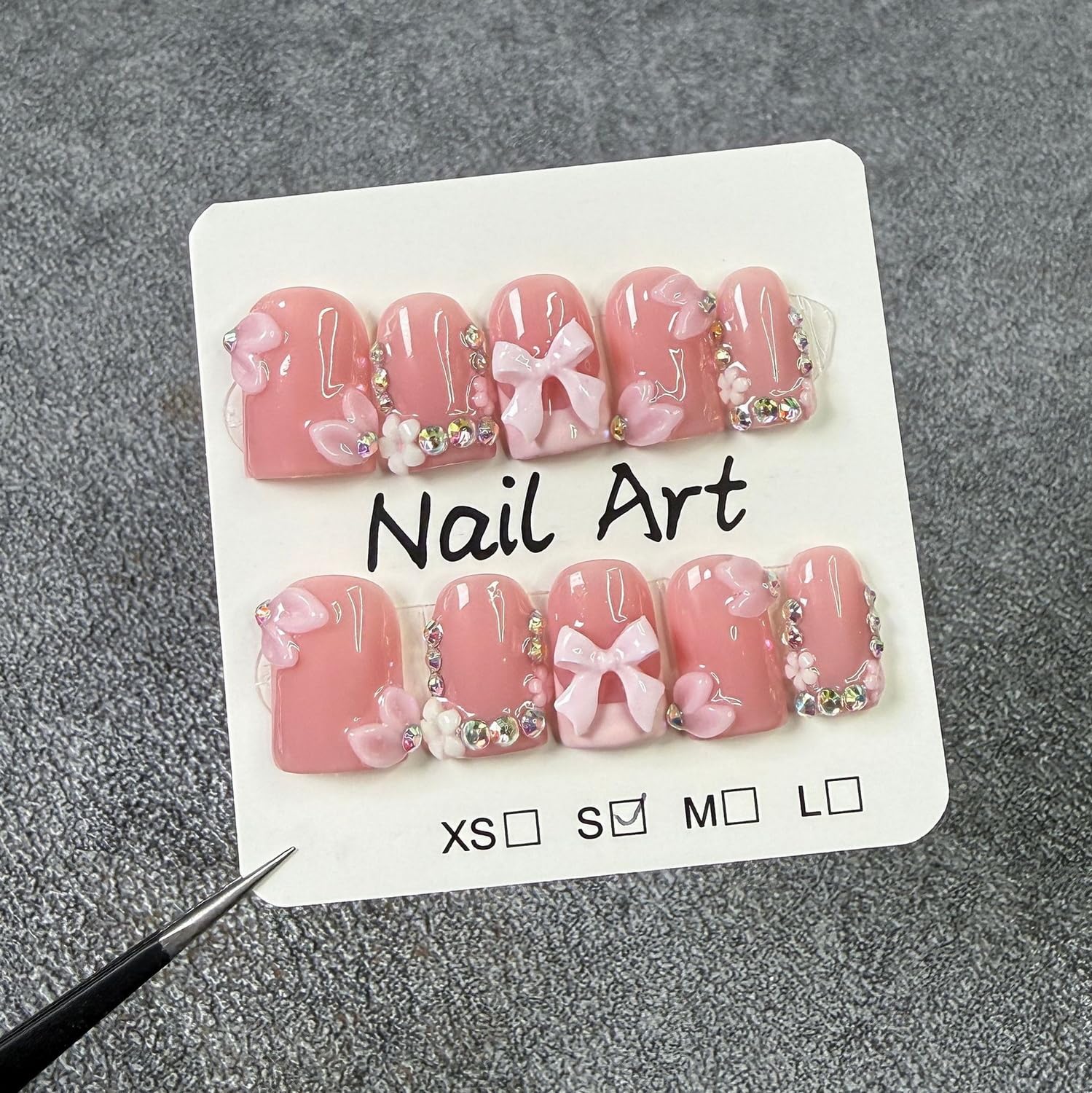 10 Pcs Handmade Press On Nails – Short Square with 3D Bow, Flower & Rhinestone, Pink French Tip