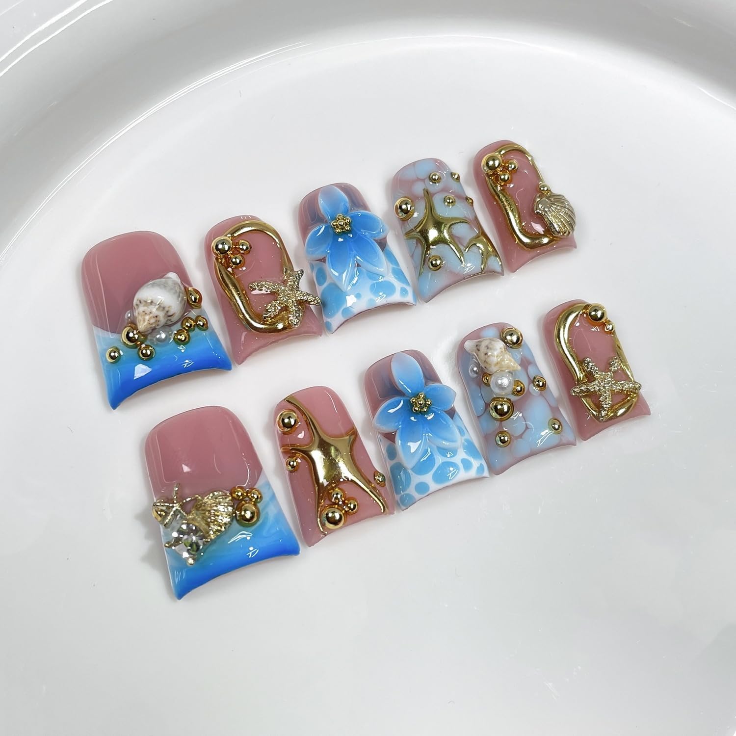 Handmade Press-On Nails – 3D Golden Starfish & Shell, Blue Flower Embossed (S)
