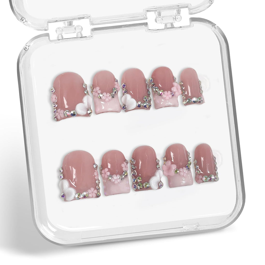 Handmade Press-On Nails | Short Square 3D Floral Pink French Tip with Rhinestones (10pcs)