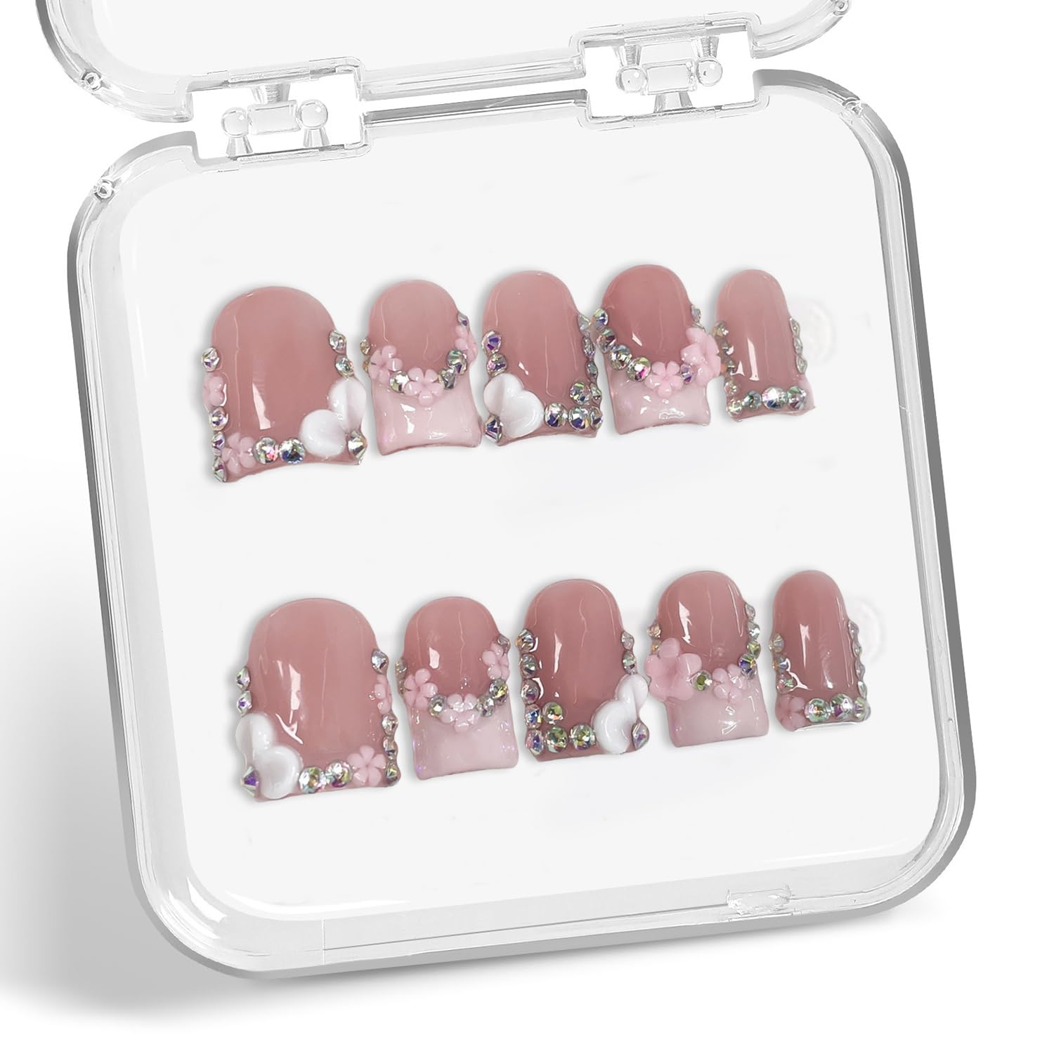 Handmade Press-On Nails | Short Square 3D Floral Pink French Tip with Rhinestones (10pcs)