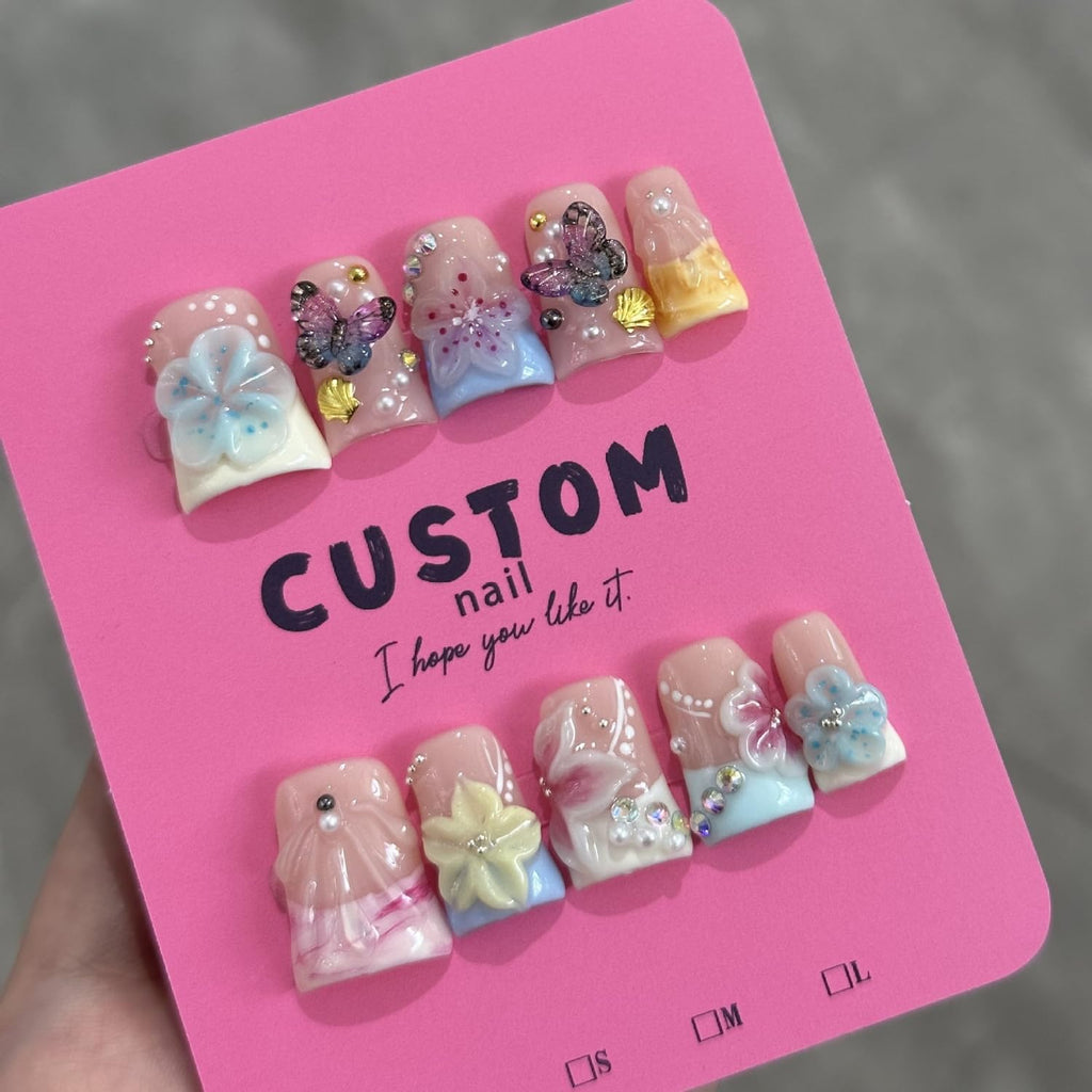 Butterfly & Flower Duck-Shaped Press-On Nails – Short Pearl Colorful Acrylic, Full Cover, Reusable | Size S