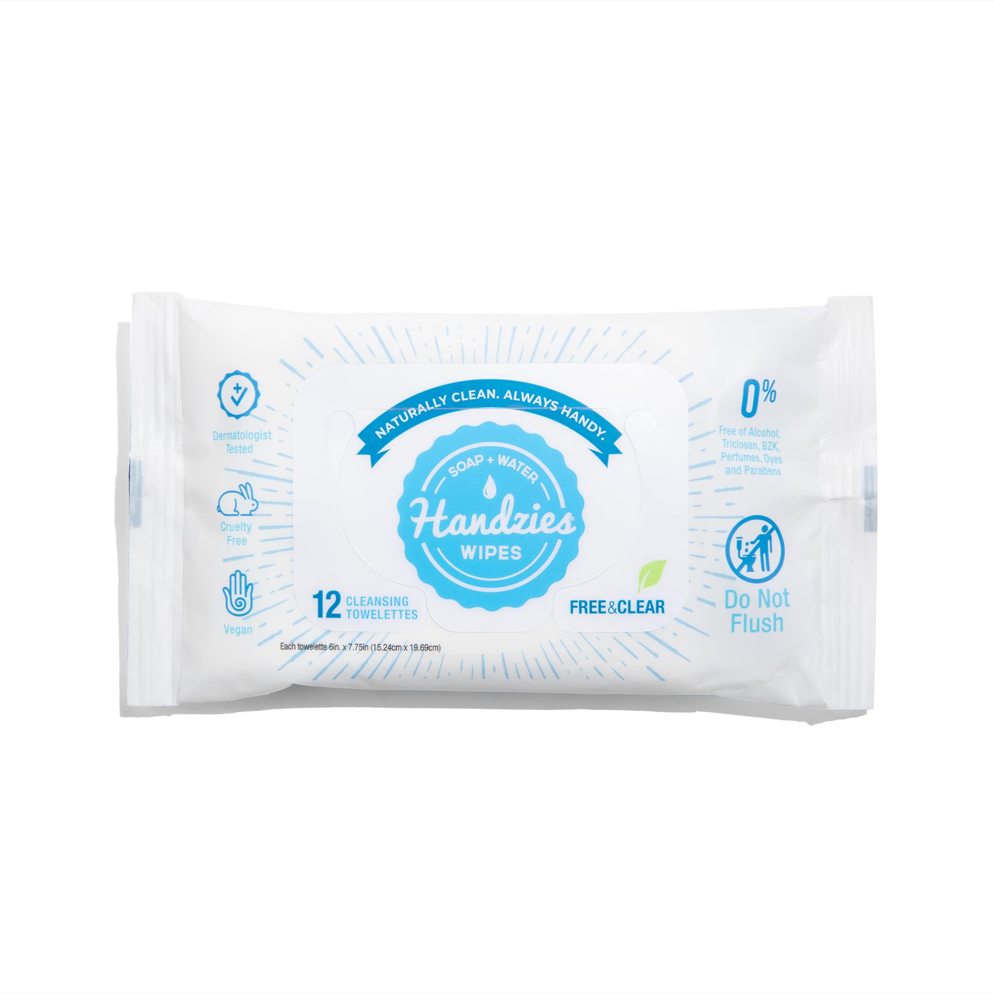 Handzies Free&Clear Natural Towelettes – 12ct Travel Pack (6-Pack, 72 Towelettes)