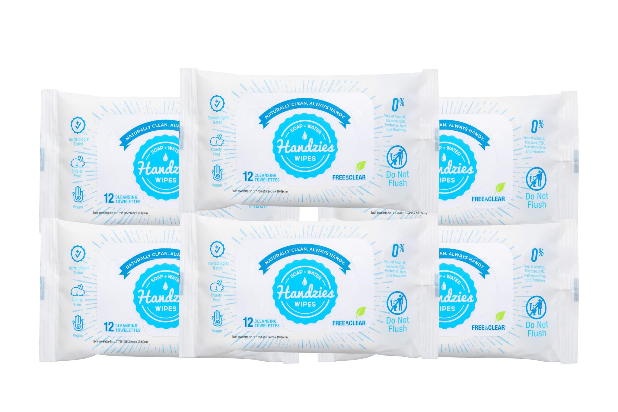 Handzies Free&Clear Natural Towelettes – 12ct Travel Pack (6-Pack, 72 Towelettes)