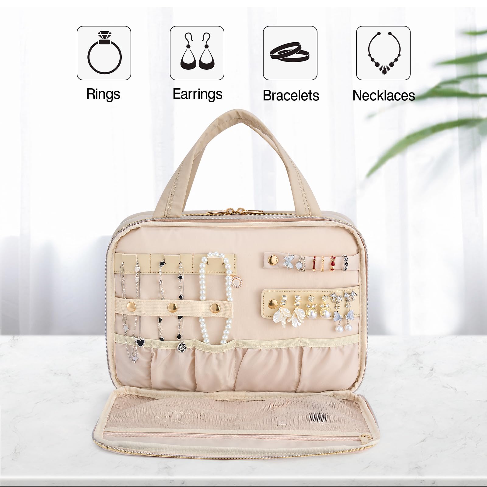 Hanke Hanging Travel Toiletry Bag (Apricot) with Jewelry Organizer – Water-Resistant