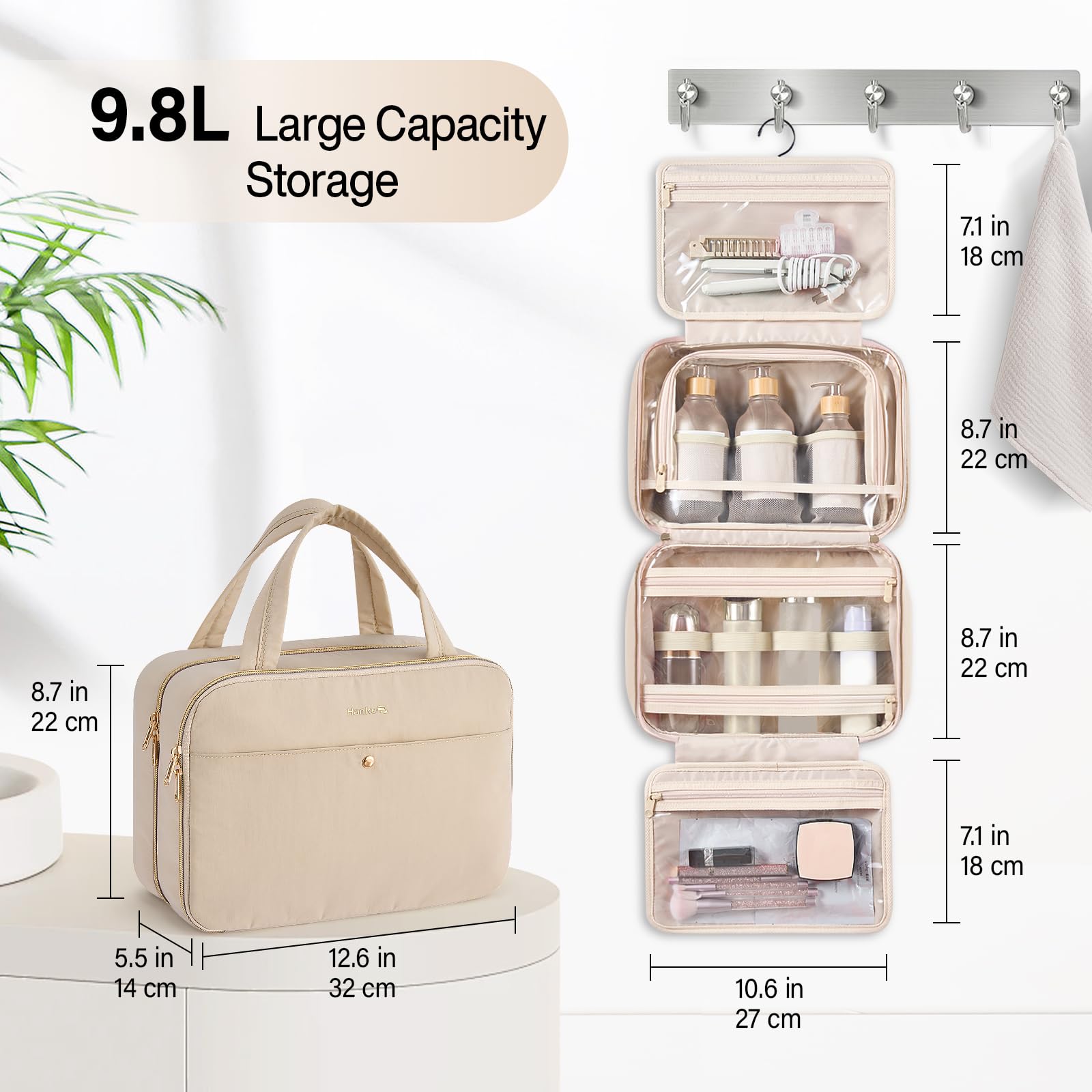 Hanke Hanging Travel Toiletry Bag (Apricot) with Jewelry Organizer – Water-Resistant