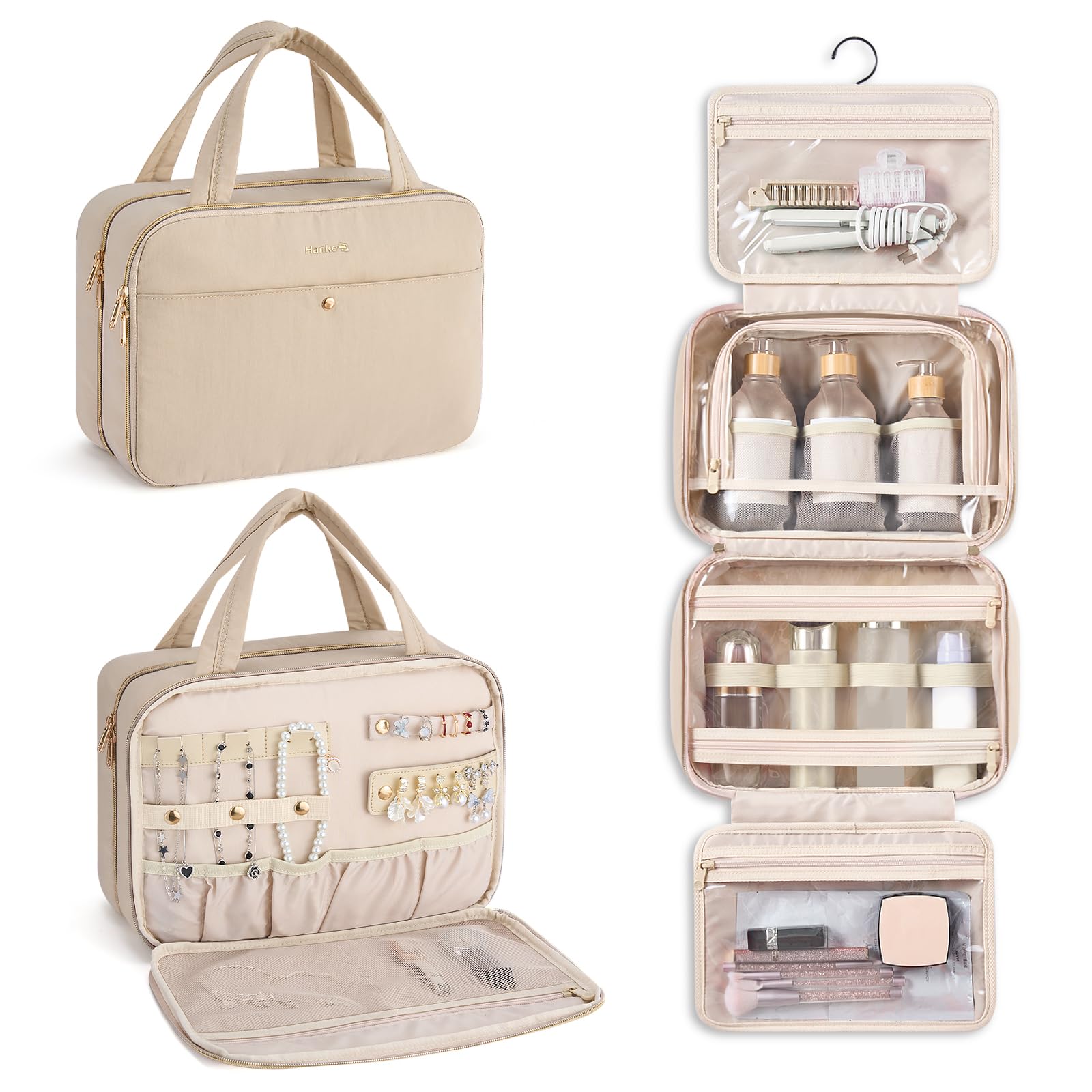 Hanke Hanging Travel Toiletry Bag (Apricot) with Jewelry Organizer – Water-Resistant