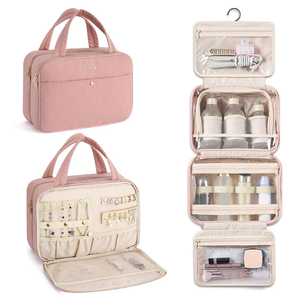 Hanke Hanging Travel Toiletry Bag for Women with Jewelry Organizer – 9.8L, Water-Resistant, Pink