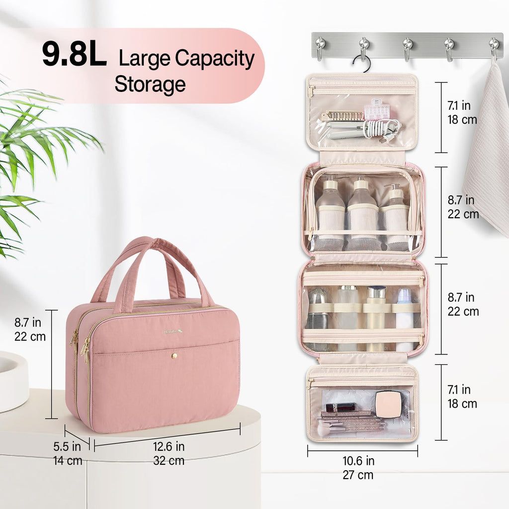 Hanke Hanging Travel Toiletry Bag for Women with Jewelry Organizer – 9.8L, Water-Resistant, Pink