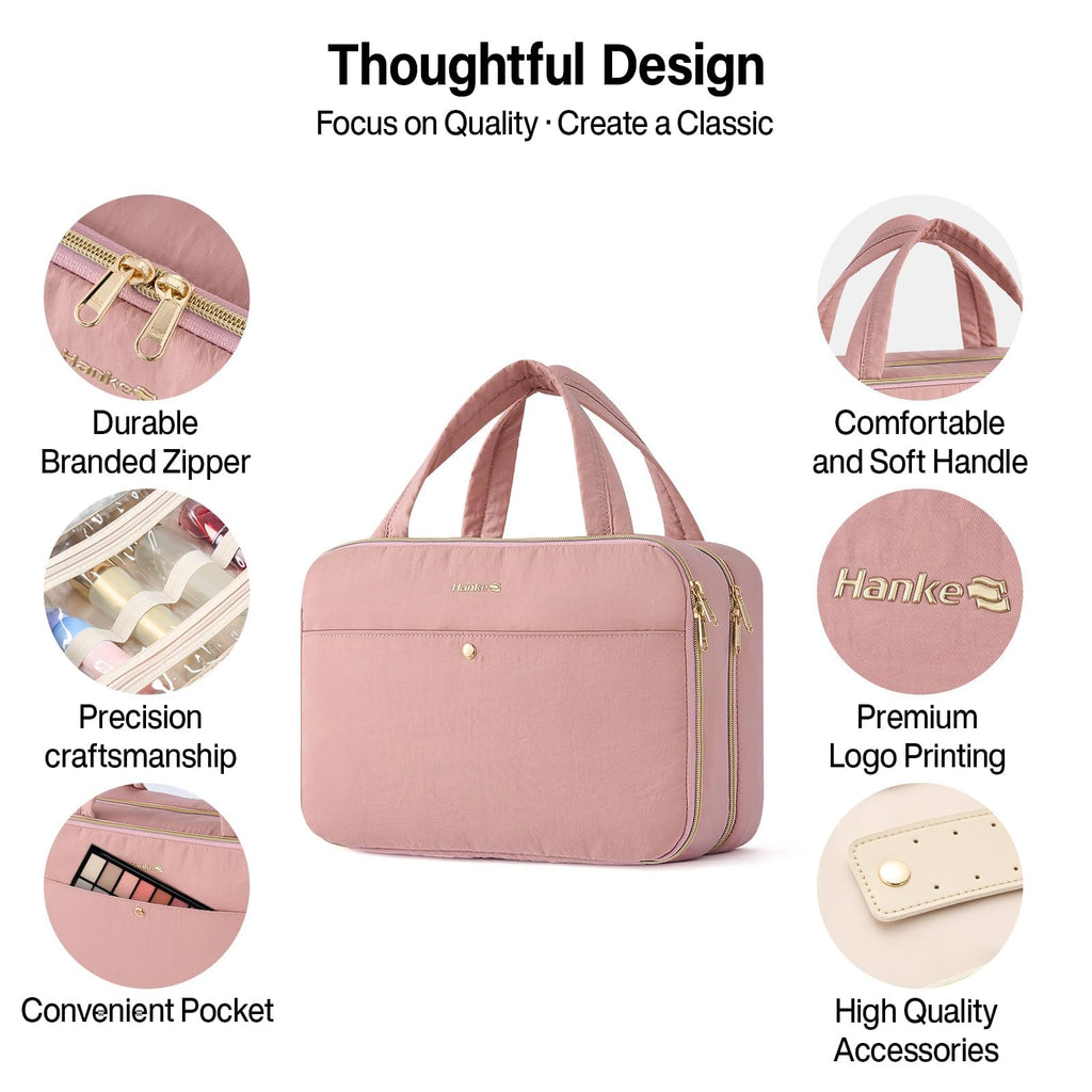 Hanke Hanging Travel Toiletry Bag for Women with Jewelry Organizer – 9.8L, Water-Resistant, Pink