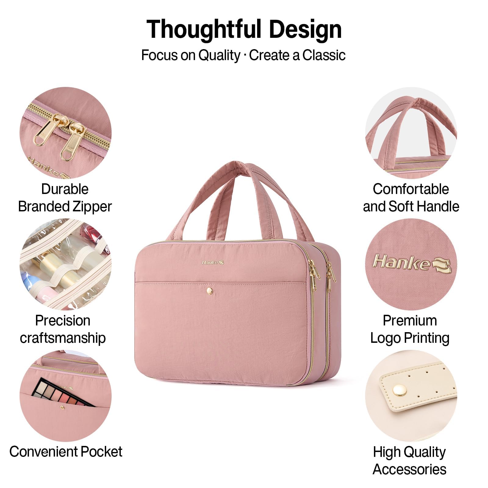 Hanke Hanging Travel Toiletry Bag for Women with Jewelry Organizer – 9.8L, Water-Resistant, Pink