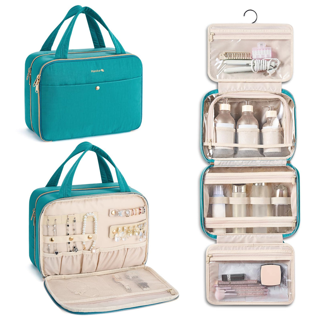 Hanke Hanging Travel Toiletry Bag for Women with Jewelry Organizer – Turquoise Green, 9.8L, Water-Resistant