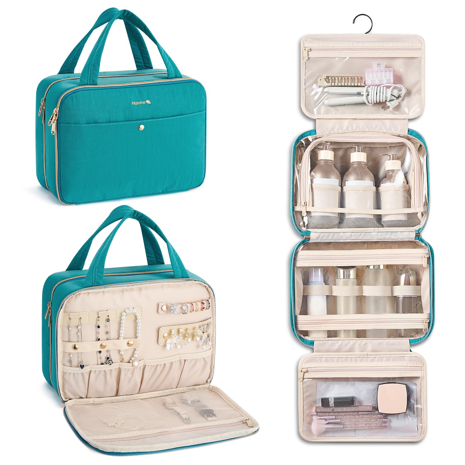 Hanke Hanging Travel Toiletry Bag for Women with Jewelry Organizer – Turquoise Green, 9.8L, Water-Resistant