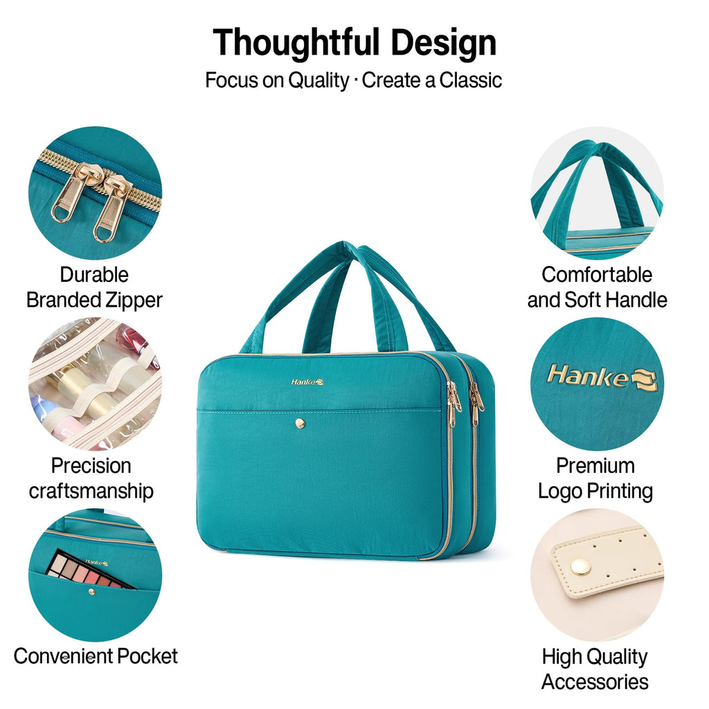 Hanke Hanging Travel Toiletry Bag for Women with Jewelry Organizer – Turquoise Green, 9.8L, Water-Resistant