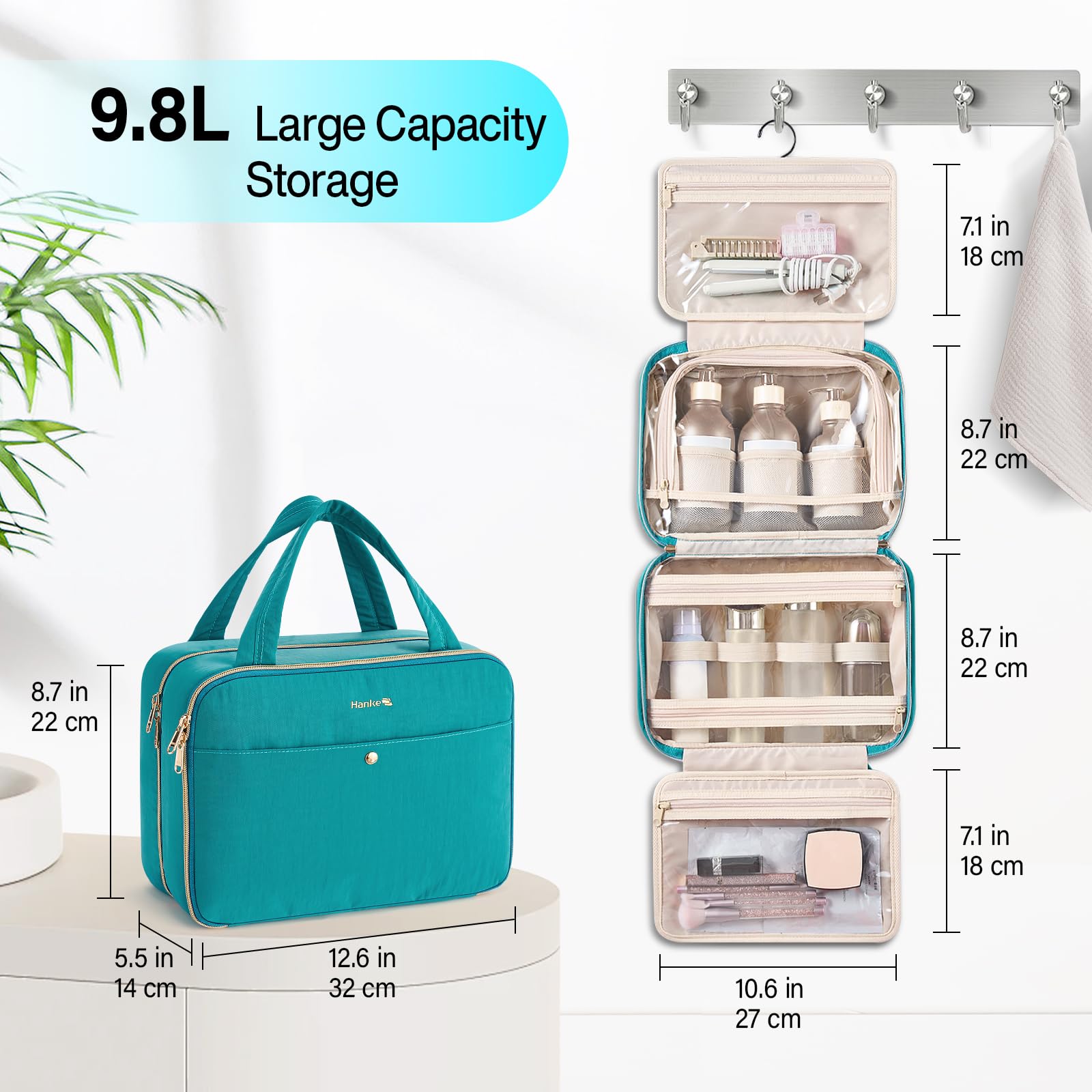 Hanke Hanging Travel Toiletry Bag for Women with Jewelry Organizer – Turquoise Green, 9.8L, Water-Resistant