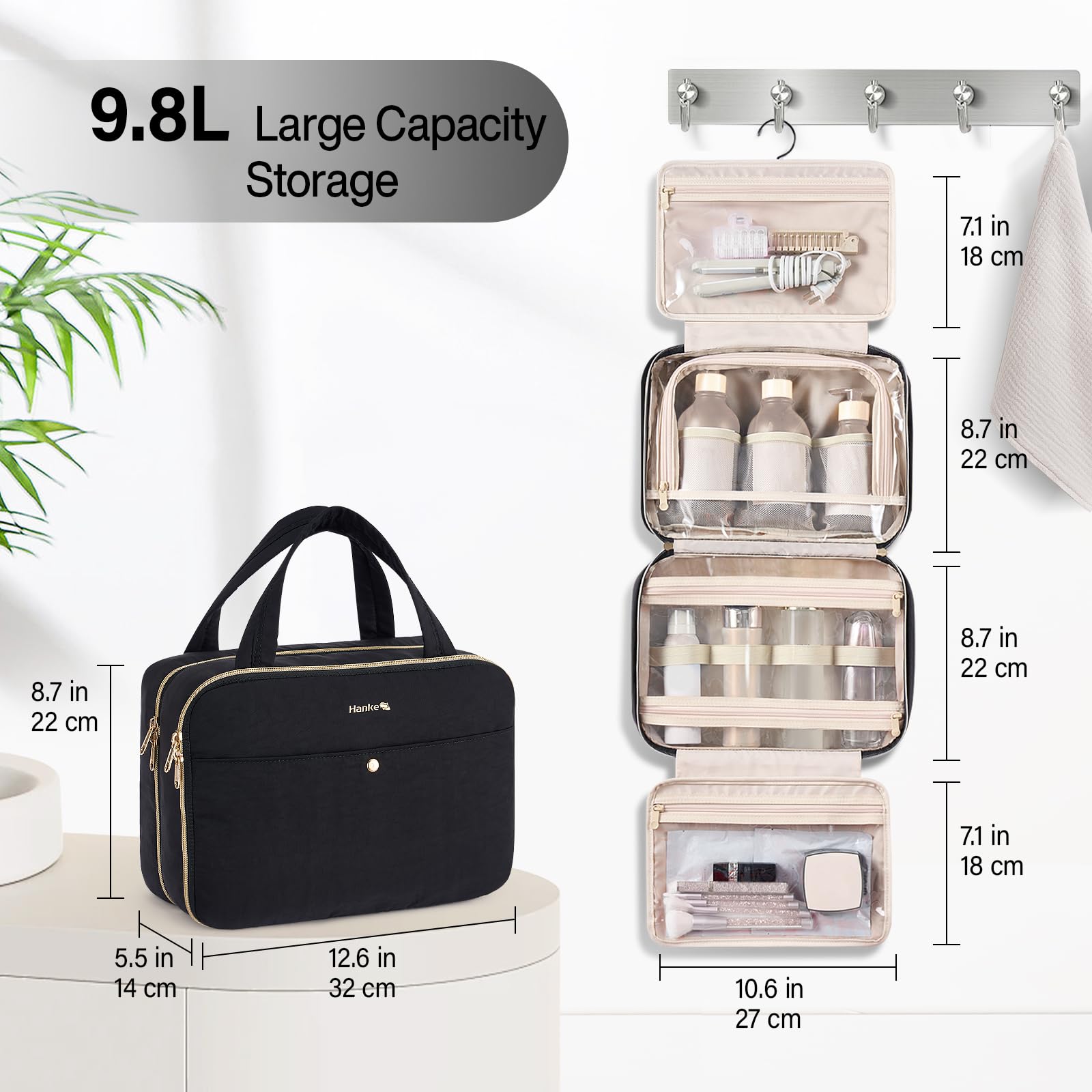 Hanke Hanging Travel Toiletry Bag for Women – Jewelry Organizer, 9.8L, Water-Resistant