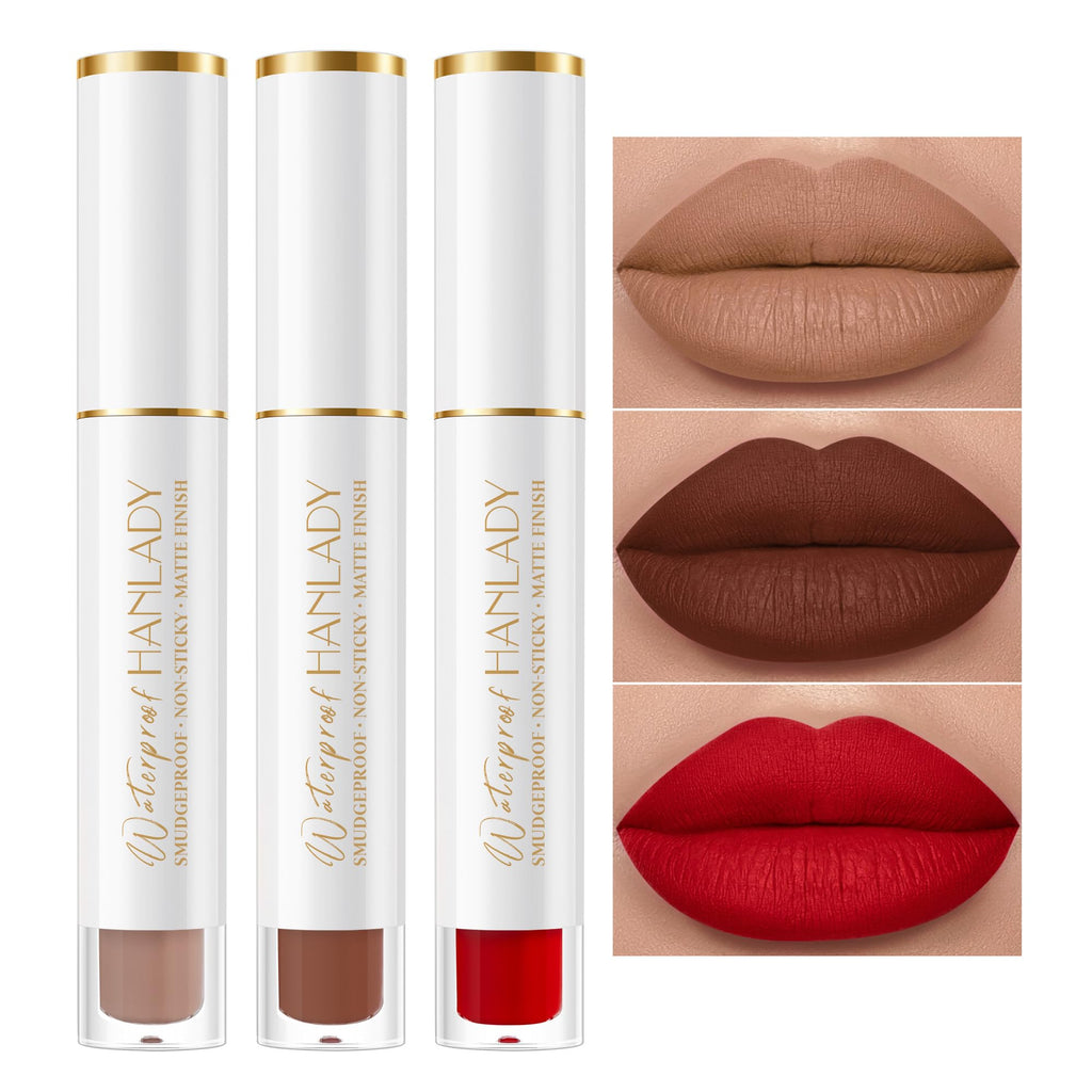 HANLADY Nude Brown Dark Red Lipstick 3pc – Long-Wearing Matte Lip Colors (Vegan & Cruelty-Free)