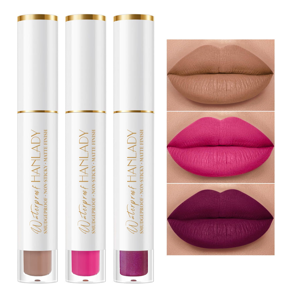 HANLADY Nude Berry Pink Lipstick 3pc – Long Lasting Matte Lip Color A61/66/44