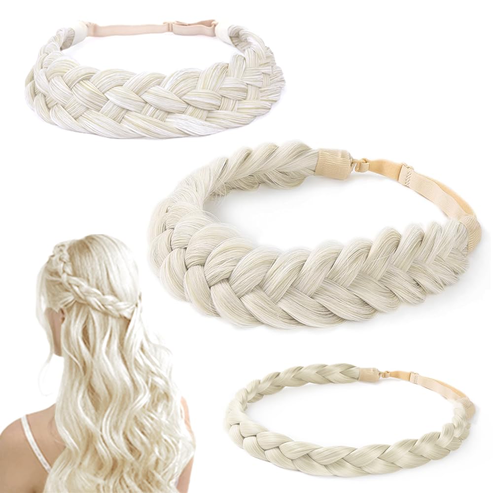 Hann 3 Pieces 5-Strand Synthetic Braided Headband – Wide Chunky Plaits Elastic Hair Piece