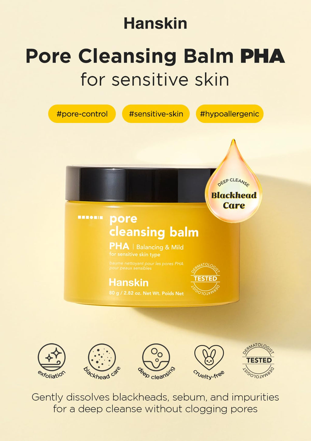 Hanskin PHA Pore Cleansing Balm – Gentle Solid-to-Oil Cleanser for Sensitive Skin (2.82 oz)