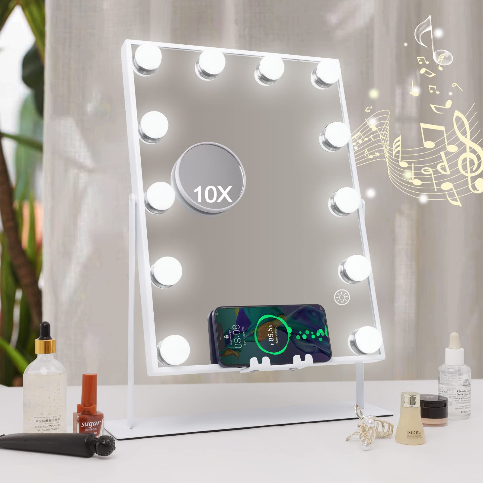 Hansong Vanity Mirror with Lights, Wireless Charging & Bluetooth Speaker | 12 LED Hollywood Makeup Mirror