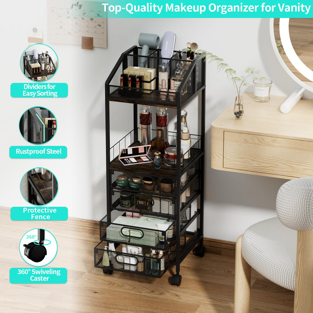 HapiRm Makeup Organizer Cart – Rolling Vanity with 4 Drawers