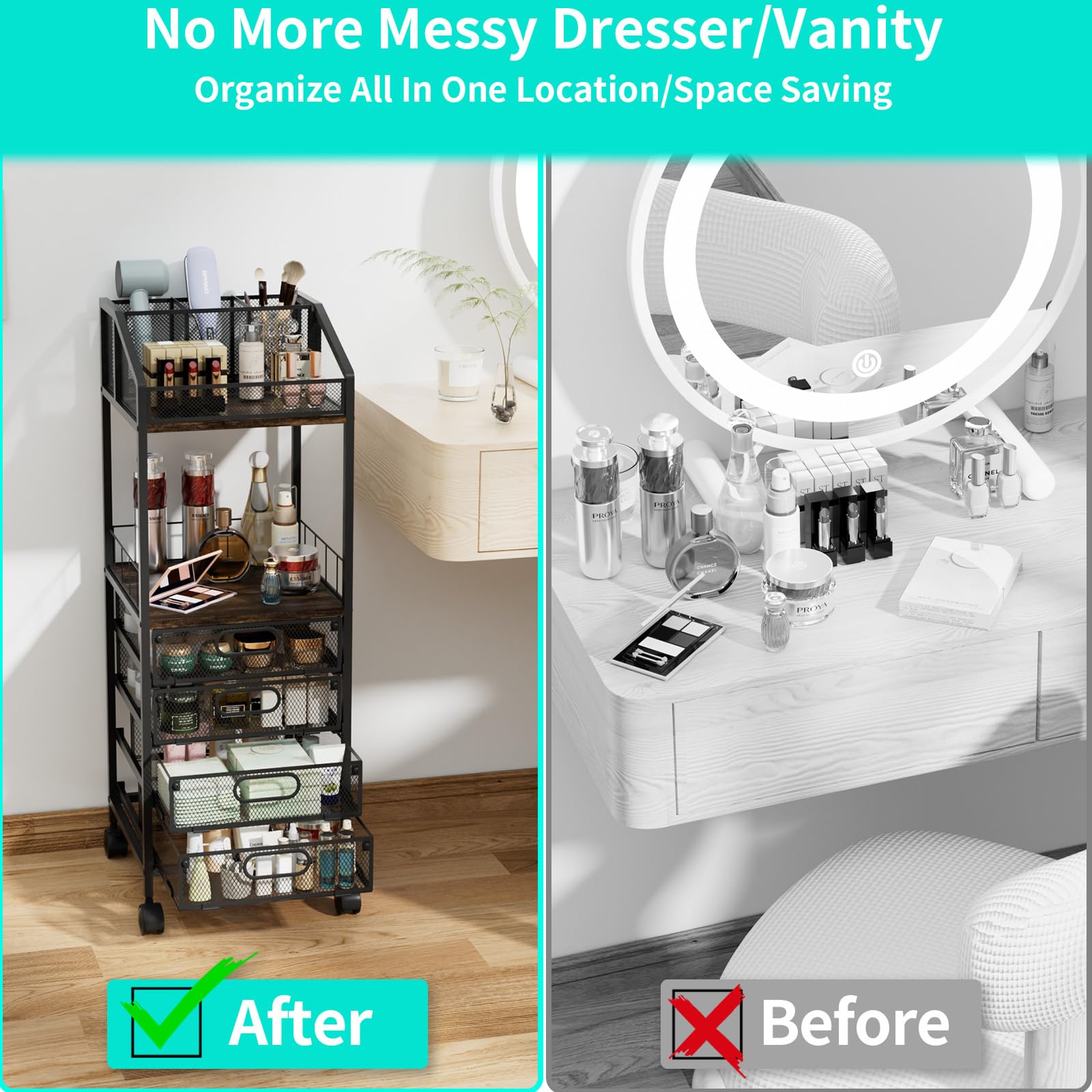 HapiRm Makeup Organizer Cart – Rolling Vanity with 4 Drawers