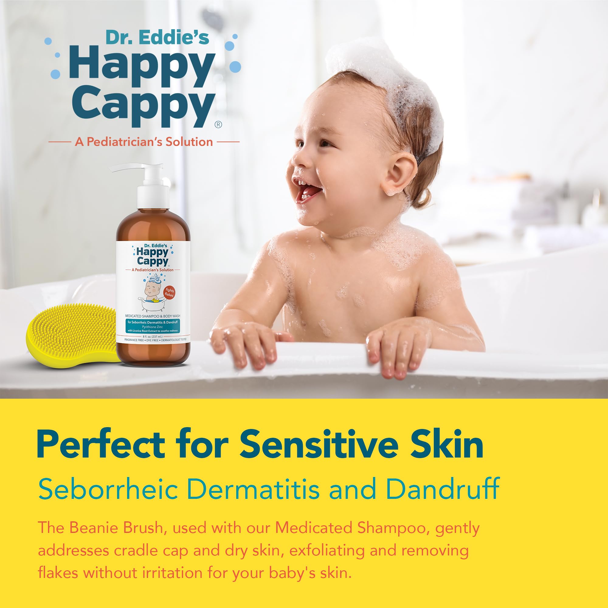 Happy Cappy Medicated Shampoo & Beanie Brush Bundle for Babies – Fragrance-Free, Gentle Cradle Cap Care