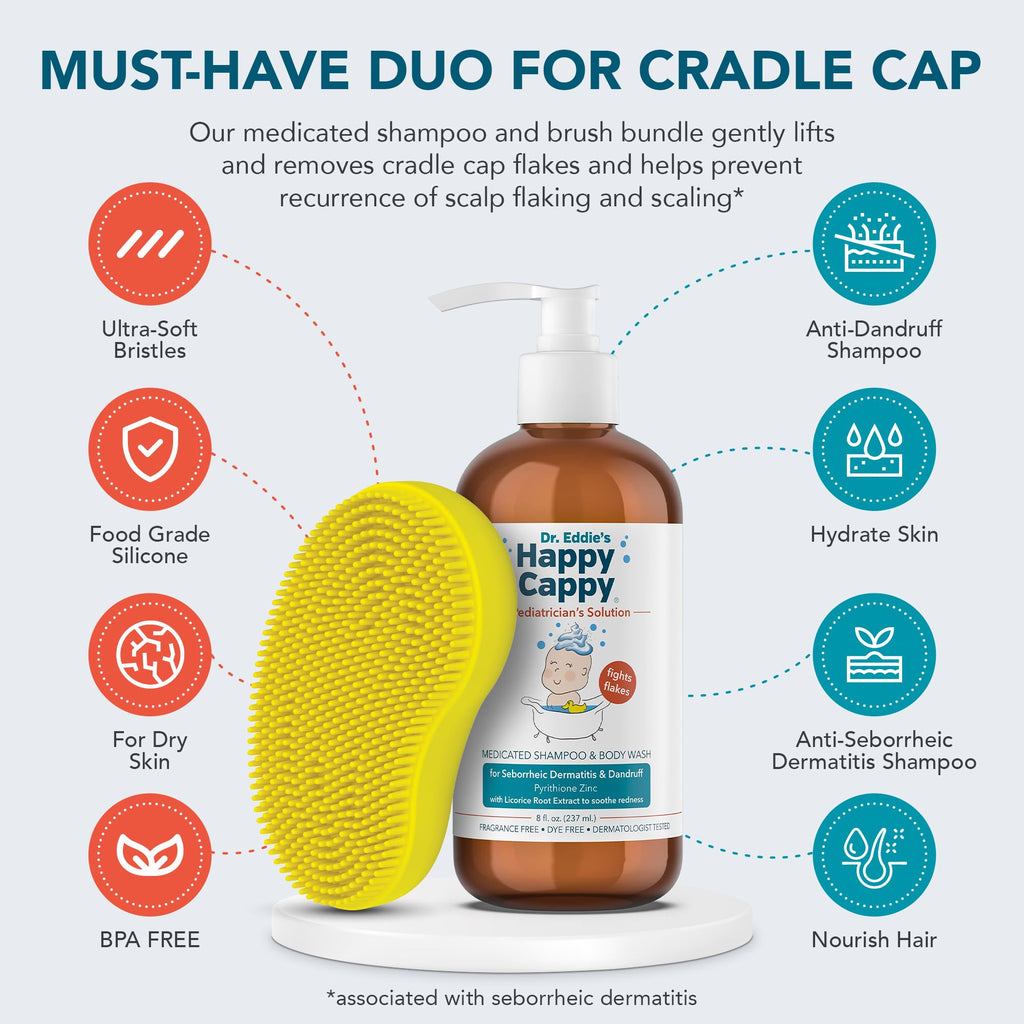 Happy Cappy Medicated Shampoo & Beanie Brush Bundle for Babies – Fragrance-Free, Gentle Cradle Cap Care